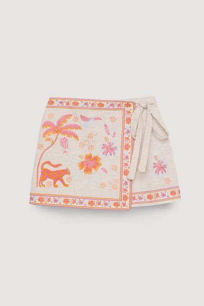 Quzu Colorful Embroidery Embroidered Tie-Up Linen Shorts Skirt Natural