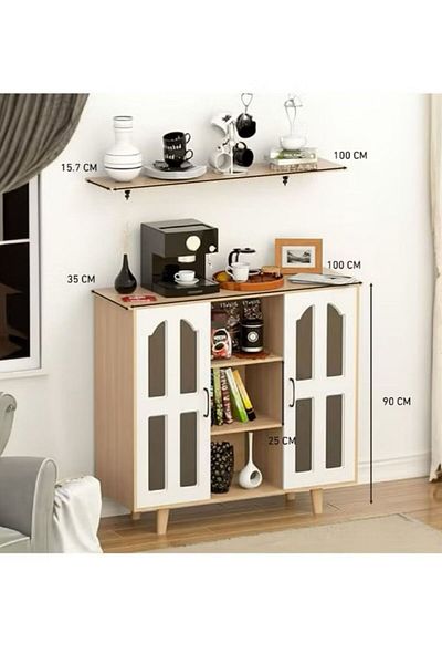 Generic Multi-Purpose Coffee Corner Storage Cabinet, Kitchen Side Cabinet with Shelves and Doors, Microwave