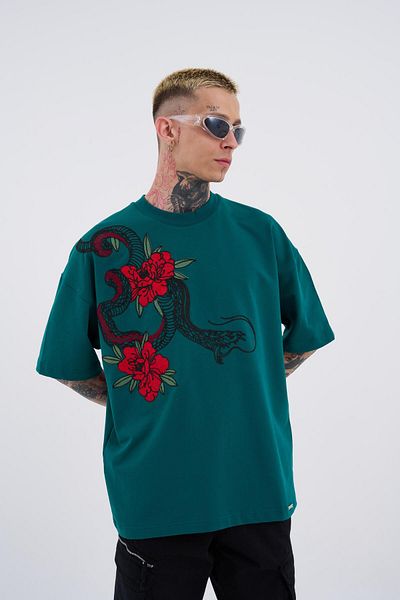Machinist Ανδρικό μπλουζάκι Sneaking Roses Κεντημένο Oversize Petrol Green T-shirt