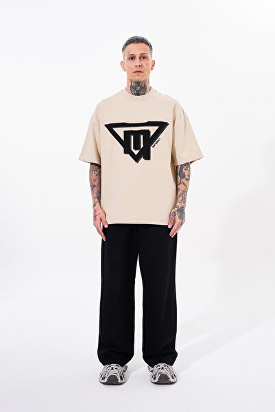 Machinist Men's Triangel Applique Printed Light Beige T-Shirt