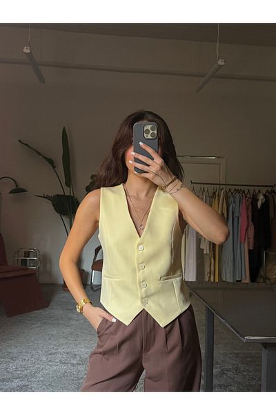 Gallogi Pastel Color Fitted Scuba V-Neck Buttoned Vest