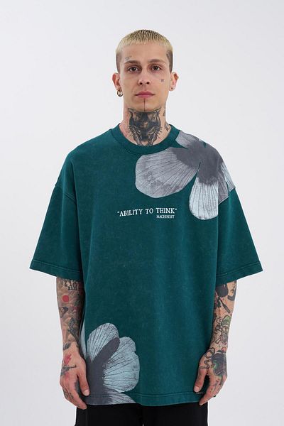 Machinist Ανδρικό μπλουζάκι Oversize Petrol Cloudy - Washed Flowers Printed