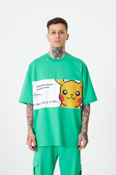 Machinist Ανδρικό μπλουζάκι με στάμπα Pikachu Oversize ανοιχτό πράσινο