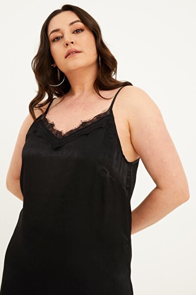 MYLİNE Saten Dantelli Arkası Çapraz Midi Elbise