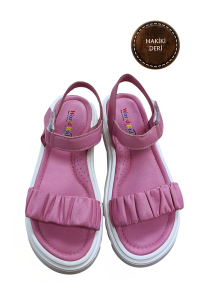 WORLD KİDS صندل بناتي وردي اللون مصنوع من الجلد الطبيعي بنسبة 100% ونعل لتقوي...