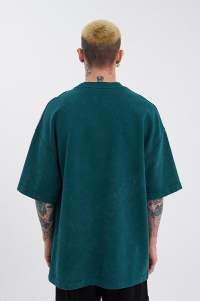 Machinist Men's Oversize Petrol Cloudy T-Shirt - Washed Flowers Printed