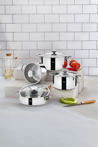 Taç Bengü Pro Induction Base 8 Piece Steel Cookware Set Metal Handle New