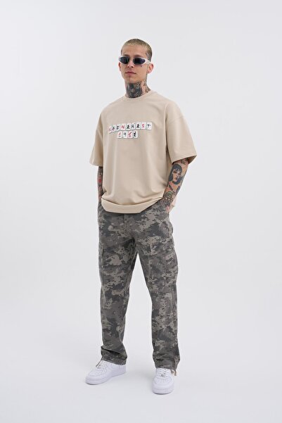 Machinist Mahhong Printed Men's Oversize Beige T-Shirt