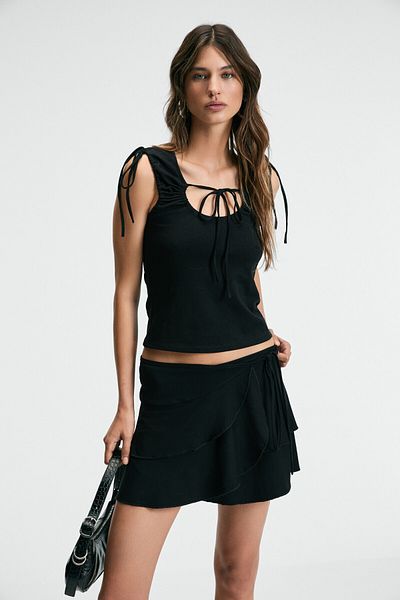 GRIMELANGE Sarelin Women's Flounced Wrap Side Tie Mini Black Skirt