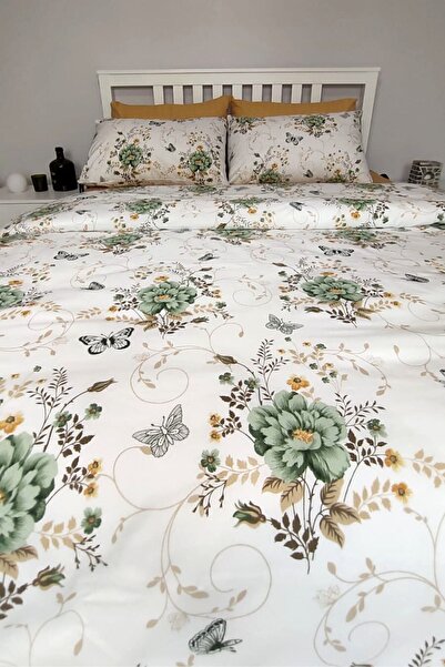 CANDAN ÇEYİZ Green Floral Patterned Elastic Double Duvet Cover Set - Bouquet 6 Pieces