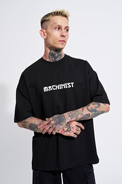 Machinist Men's Crane Patch Printed Oversize Black T-Shirt