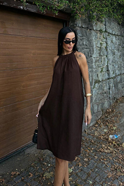 bacc Γυναικείο Καφέ Κρυφό Φόρεμα Καλοκαιρινό Λινό Υφαντό Bchn-25255029