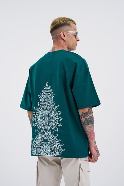 Machinist Ανδρικό Ethnic Κεντημένο Oversize Πράσινο T-Shirt Petrol