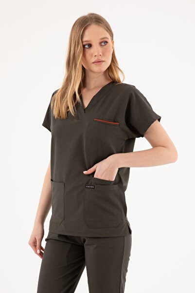 VİZYON UNIFORM Premium Likralı Koyu Haki Hemşire Forması Cerrahi Takım, Scrub...