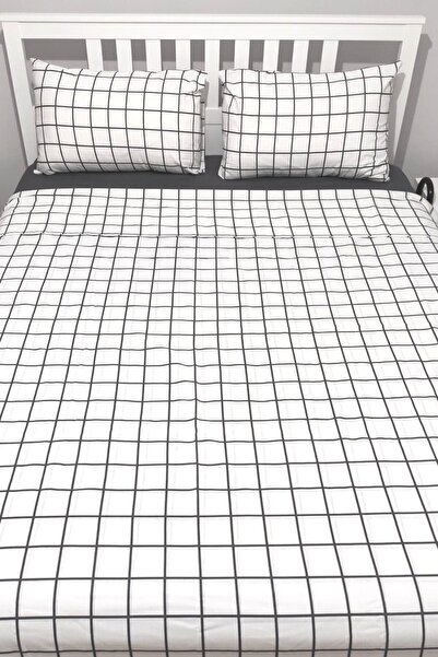 CANDAN ÇEYİZ Double Sheets, Elastic Cotton, 4 Pillowcases, Checkered White Duvet Cover Set (with a Gift)