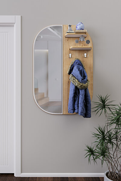 zeo wood design Dekoratif, Mdflam Aynalı Duvar Elbise Askısı - Safir Meşe