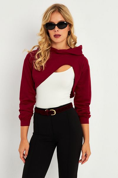 Cool & Sexy Claret Red Hooded Crop Women's Sweatshirt - Tf03