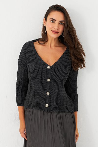 Cool & Sexy Anthracite Women's Cardigan - Button Detail, Model Kaz30