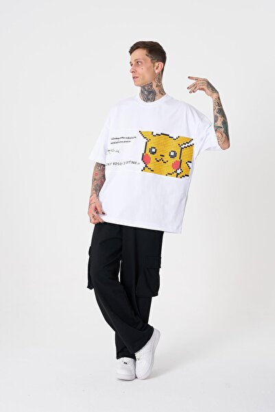 Machinist Tricou alb supradimensionat cu imprimeu Pikachu pentru bărbați