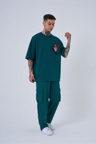 Machinist Ανδρικό μπλουζάκι με στάμπα λουλουδιών Oversize Petrol Green T-shirt
