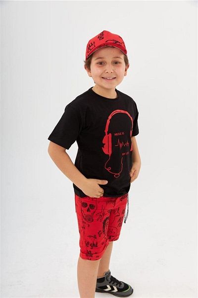 Hilal Akıncı Kids Boy's Headphones Printed Black T-Shirt with Chain Lettering Denim Shorts