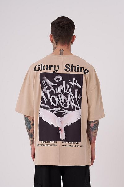 Machinist Tricou supradimensionat bej cu imprimeu Glory Shine pentru bărbați