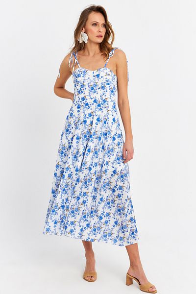 Cool & Sexy Women's Ecru-Blue Rope Strap Floral Midi Dress Erl10013