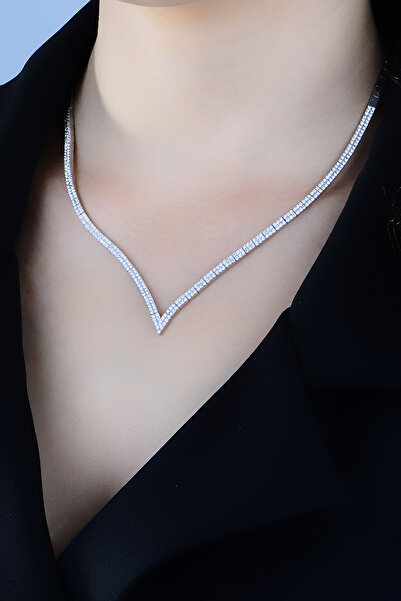 BARIŞ TAKI 925 AYAR GÜMÜŞ 2 SIRA V MODEL ÖZEL GÜN KOLYESİ