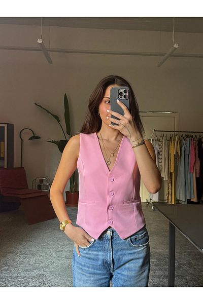 Gallogi Pastel Color Fitted Scuba V-Neck Buttoned Vest