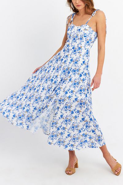 Cool & Sexy Women's Ecru-Blue Rope Strap Floral Midi Dress Erl10013
