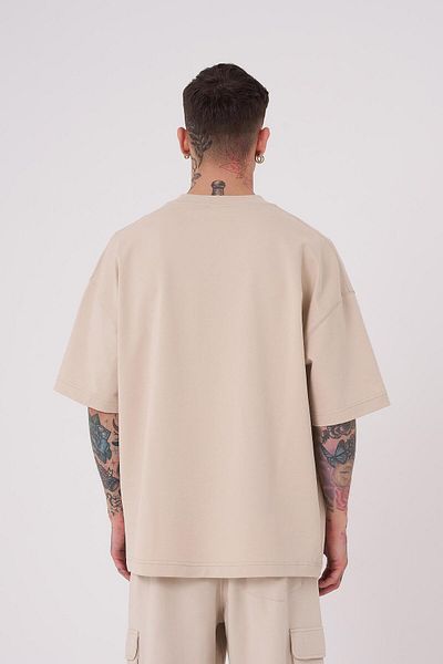 Machinist Tricou oversize brodat Tired Eyes, bej deschis, pentru bărbați