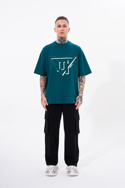 Machinist Men's Triangel Applique Printed Petrol Green T-Shirt