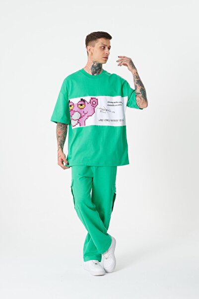 Machinist Ανδρικό μπλουζάκι με στάμπα ροζ Panther Oversize ανοιχτό πράσινο