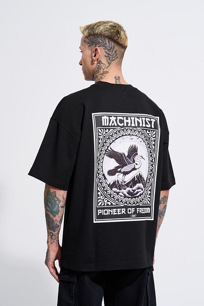 Machinist Men's Crane Patch Printed Oversize Black T-Shirt