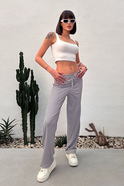 New Now Striped Waist Elastic Tie Tie Tie Pants