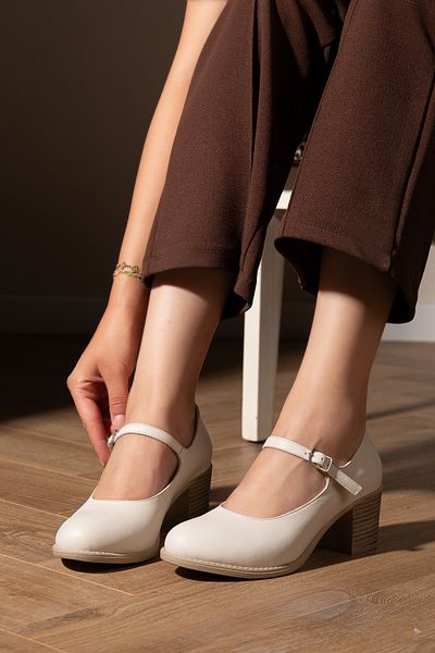 ANALİN SHOES Women's Genuine Leather Strappy Heeled Shoes - Cream