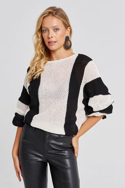 Cool & Sexy Women's Ecru-Black Openwork Knitwear Sweater YV218