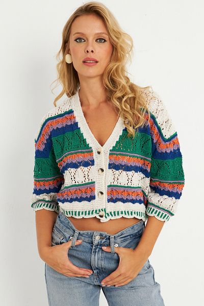 Cool & Sexy Ecru Colored Women's Cardigan - Mi̇w3851 Multi Color Model