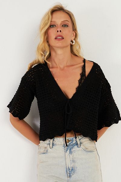 Cool & Sexy Openwork Black Knitwear Women's Cardigan - YV255