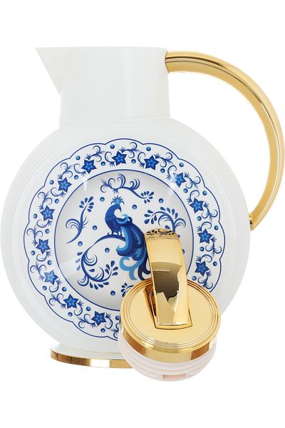 Alsaif Gallery Al Jawhara Thermos, White, Blue Peacock Pattern, Golden Handle, 0.9 Liters