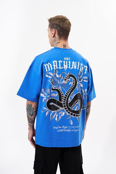 Machinist Ανδρικό μπλουζάκι με στάμπα Snake Applique Oversize γαλάζιο