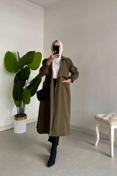 Tesettür Diyarı Khaki Colored Belted Trench - Shoulder and Arm Snap Detail