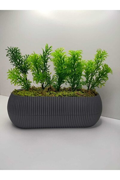 ALSHOP Uzun Saksıda Yapay Çiçek Taş Yosunlu Çim Yeşili Bitki , Banyo Mutfak Masa Çiçeği 21x9x7 Cm