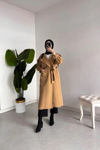 Tesettür Diyarı Snap Detailed Shoulder and Arm Belt Trench-Camel