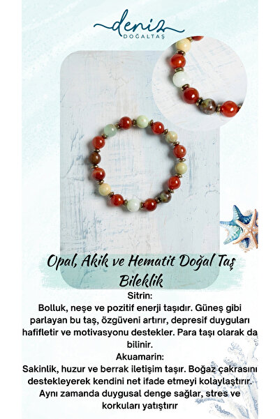 Deniz Doğal Taş سوار من الأحجار الكريمة الطبيعية من الأوبال والعقيق والهيماتيت معتمد - 8 ملم