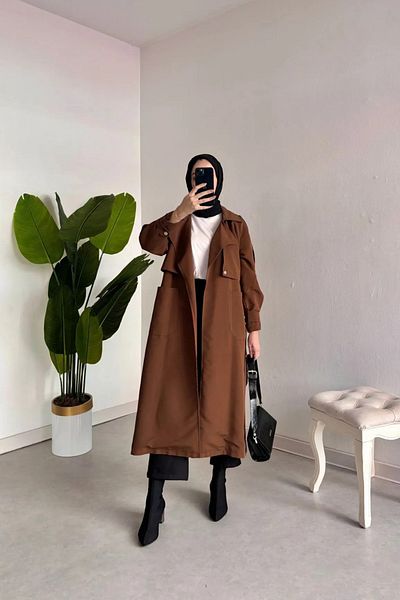 Tesettür Diyarı Brown Trench-Shoulder and Arm Detailed Belted