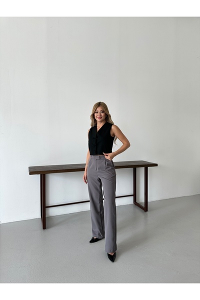 Lexsina Kadın Gri Yüksek Bel Cırtlı Kumaş Palazzo Pantolon LXGRY