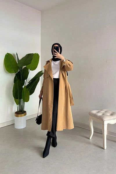 Tesettür Diyarı Snap Detailed Shoulder and Arm Belt Trench-Camel