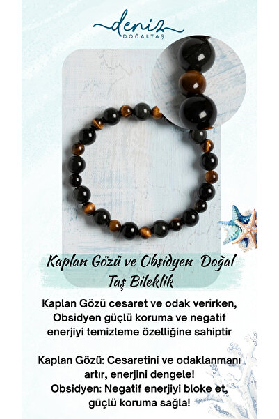 Deniz Doğal Taş Sertifikalı Kaplan Gözü ve Obsidyen Güçlü Doğal Taş Bileklik