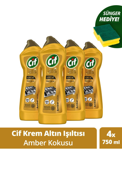 Cif Krem Altın Işıltısı Yüzey Temizleyici Amber Kokulu 750 ml X4 Sünger Hediye